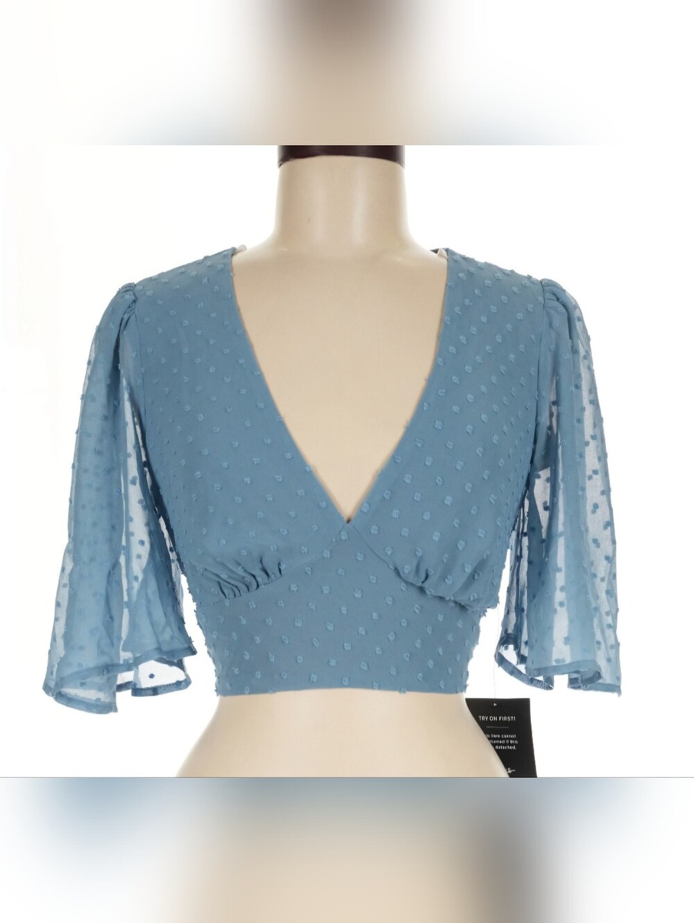 Lulus Swiss Dot Open Tie Back Crop Top Dusty Blue  Size M NWT